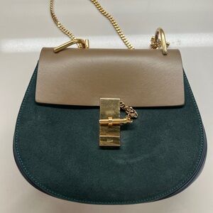 Chloe Drew Small Suede & Leather Shoulder Bag in Forest Green and Taupe